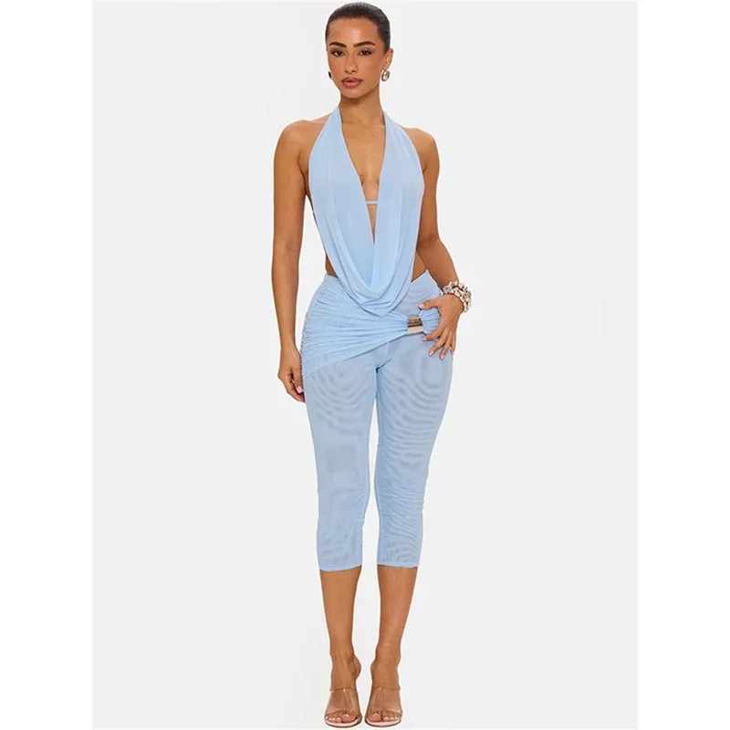 BKQU Sexy Mesh 2 Piece Ste Woman Halter Swing Collar Backless Tank Tops+Metal Trim Elastic Capri Pants Fashion Club Party Outfit