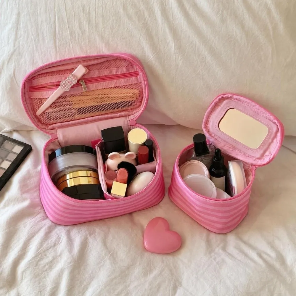New Pink Stripe Makeup Bag Handheld with Mirror Toiletry Bag Large Capacity Lightweight Cosmetic Storage Bag Travel Use