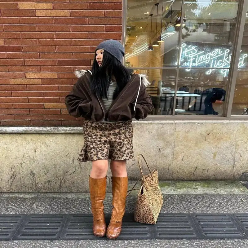 American Retro Leopard Print Circle Wool Midi Skirt Women Plus Size Winter New Fashionable Unique Design Fish Tail Midi Skirt