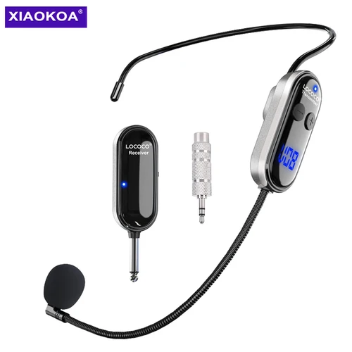XIAOKOA Auriculares con micrófono inalámbrico Auriculares inalámbricos UHF y micrófono portátil 2 en 1 con pantalla digital LED Micrófono de alcance de 165 pies