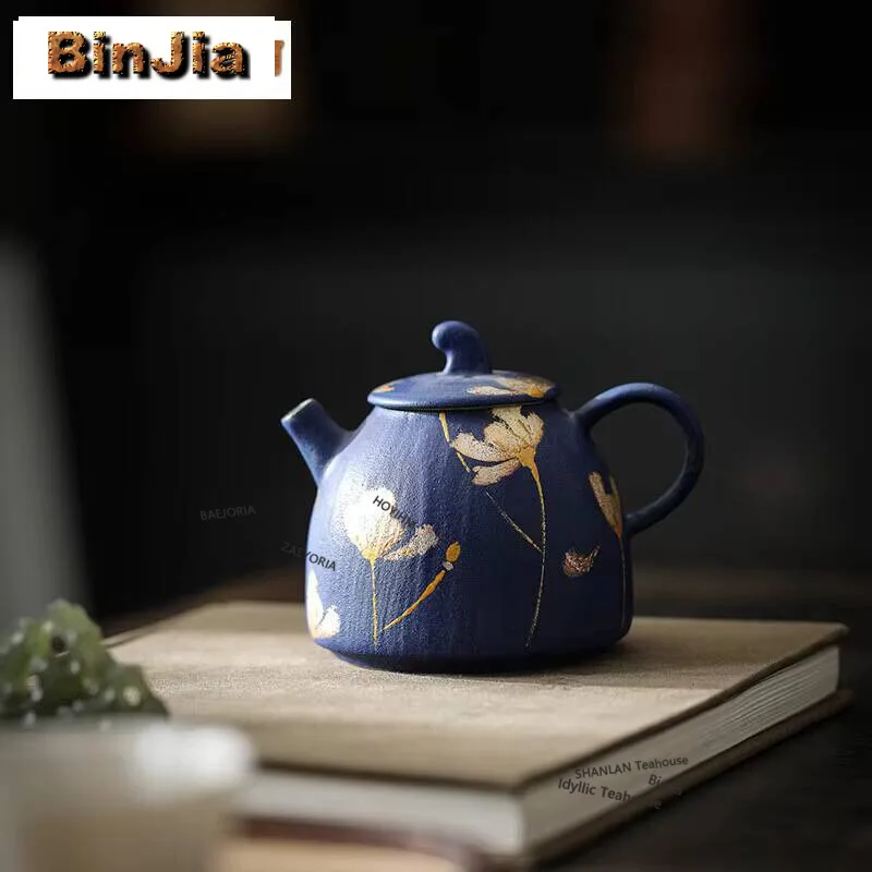 Hand-painted Silver Sange Flower Teapot Exquisite Powder Yin Coarse Pot Tea Brewing Kettle with Infuser Chinese Tea Collection