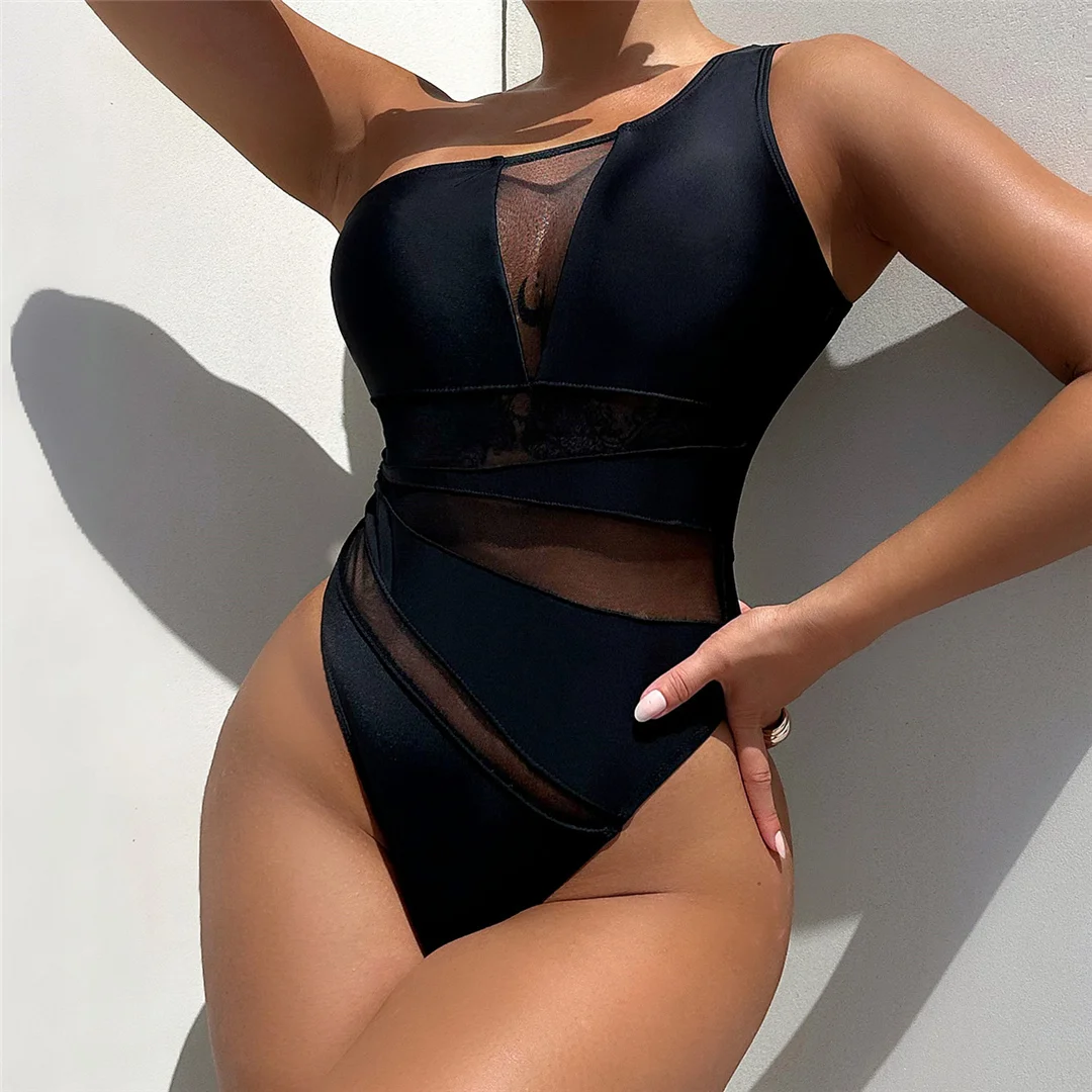 Einschultriger Badeanzug mit Mesh-Einsätzen, transparent, Damen, einteiliger Badeanzug, Monokini, hoher Beinausschnitt, Badebekleidung, Badeanzug, V4716 – Detail 7
