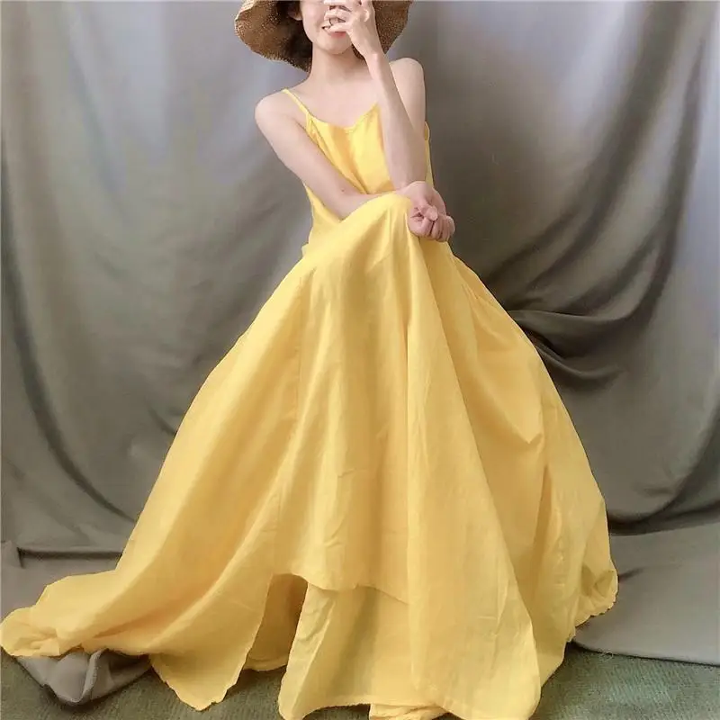 Lemon Yellow Irregular Large Hem Suspender Dress Artistic and Fresh Summer Style Elegant and Elegant Long Skirt