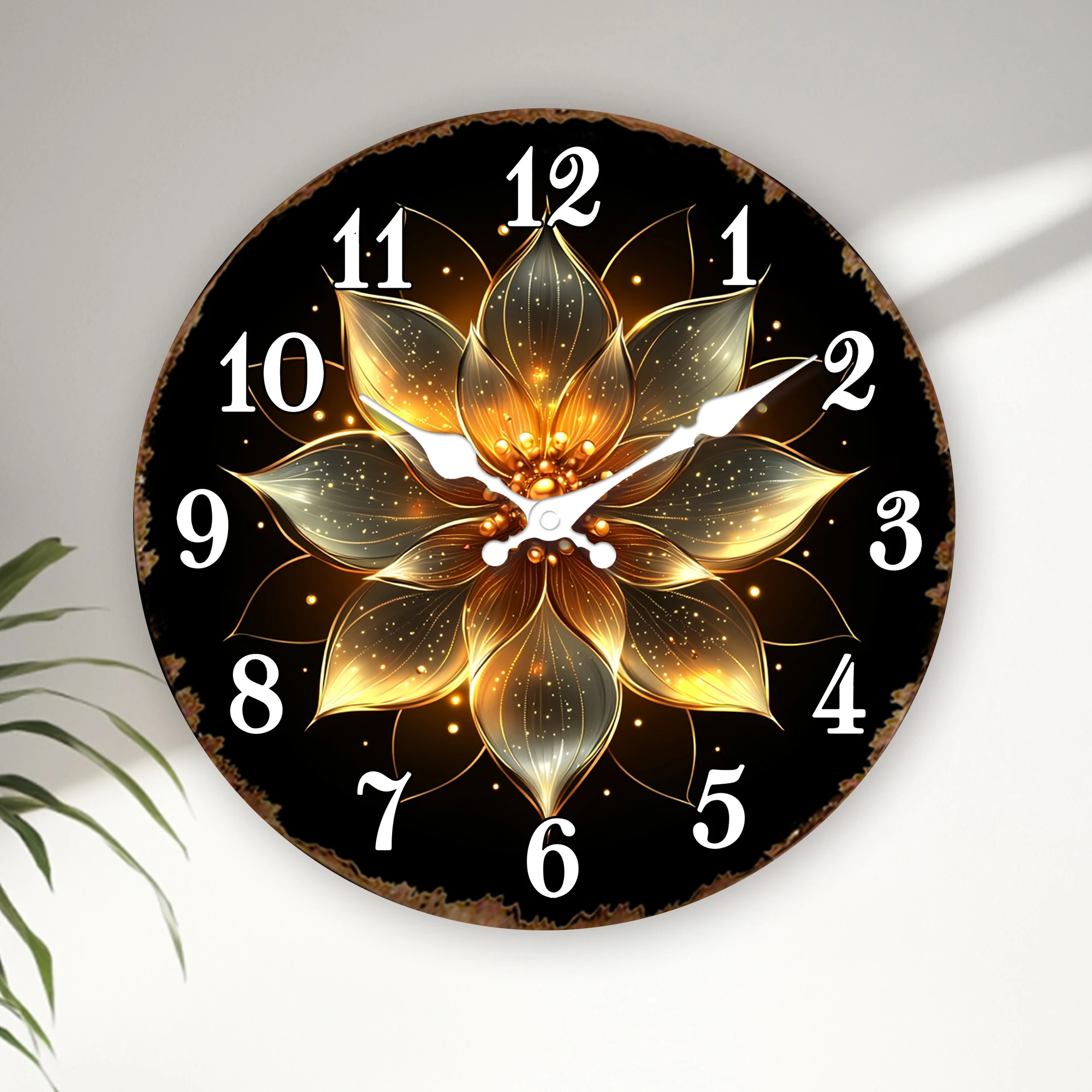 Golden Glowing Flower Wall Clock - Sparkling Floral Art Print - Silent Non-Ticking Elegant Decor Round Clock