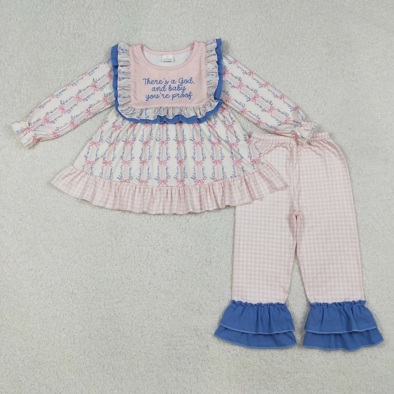 Wholesale Toddler Kids Floral Bows Christmas Set Long Sleeves Ruffle Tunic Pants Girls Children Outfit Baby Girl Flower Clothing