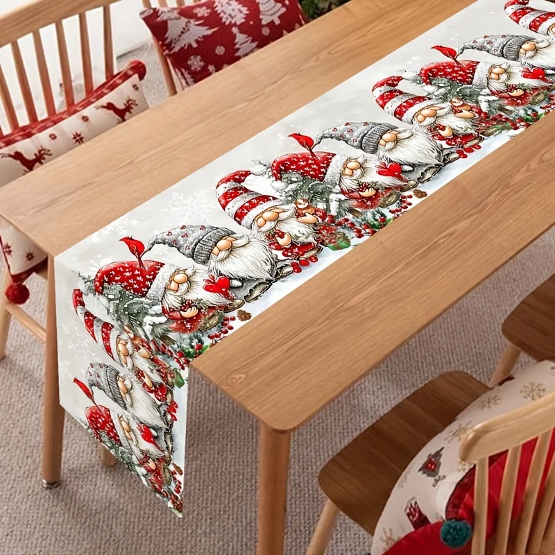 VIKAMA Christmas Table Runner Gnome Tomte Red Hat Pine Berry Decorative Washable Polyester Kitchen Dining Xmas Holiday