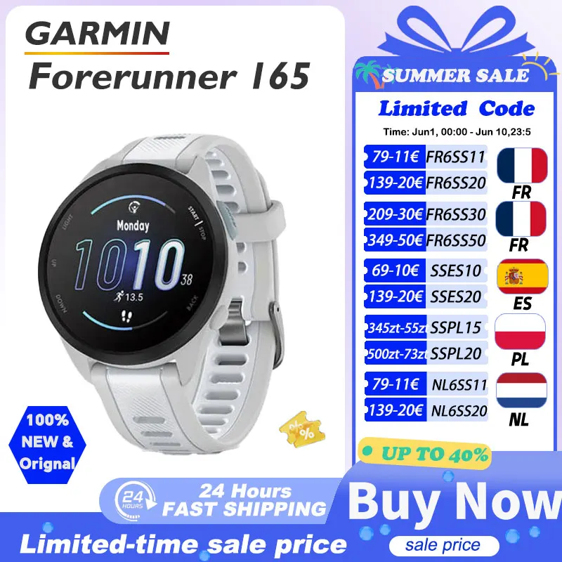Montre Garmin Forerunner 165 avec capteur d'oxygène sanguin, suivi du stress, dynamiques de course à poignet, fréquence cardiaque à poignet, entraînement croisé