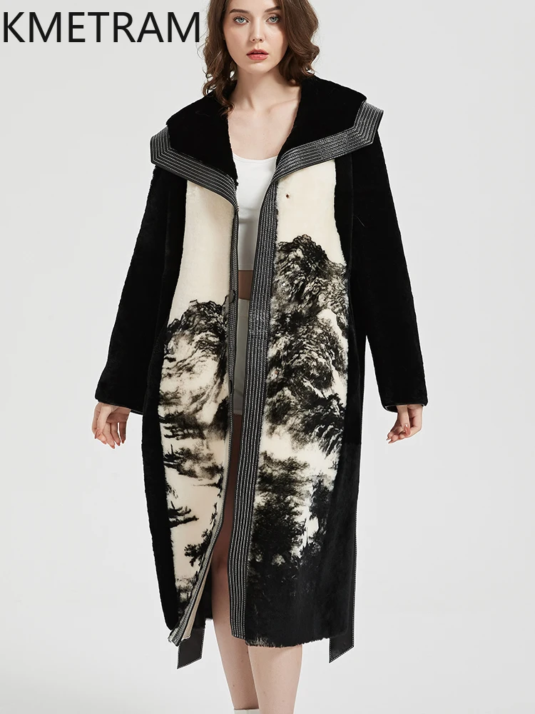 KMETRAM 100% Natural Sheepskin with Wool Atttached Fur Coat Long Warmth 2025 Winter Women Printed Jacket manteaux hiver femme