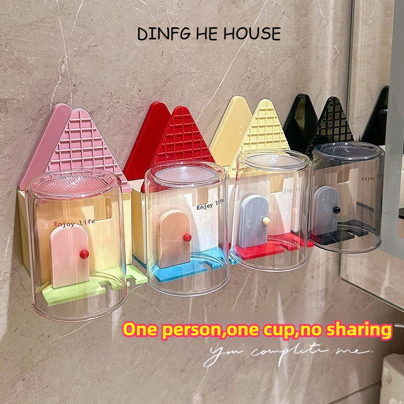

Dopamine Small House Toothbrush Cup Holder Home Bathroom Wall-mounted Toothbrush Holder Draining Toiletry Storage Rack Bring Cup