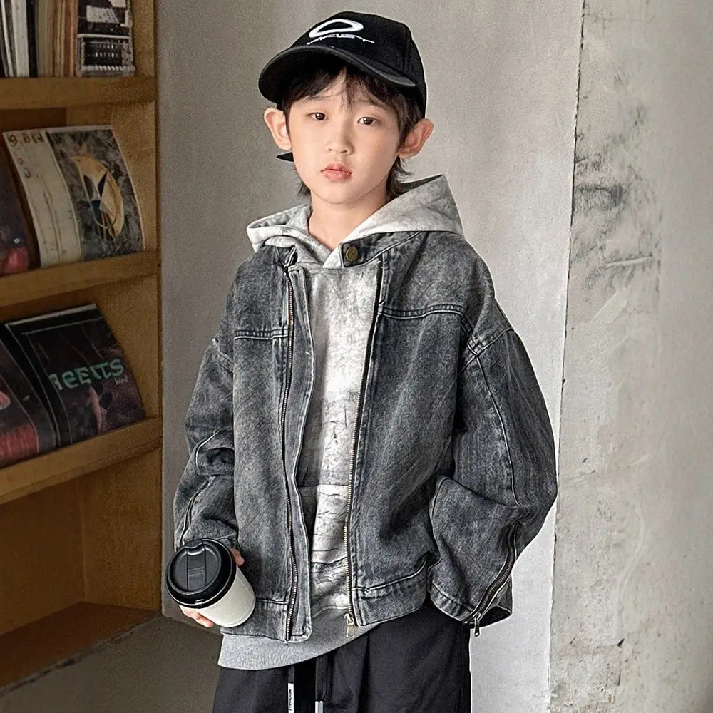 

Boys Coat Autumn New Korean Fashion Casual Streetwear Cool Distressed Zipper Long Sleeve Denim Jacket Spring Coat