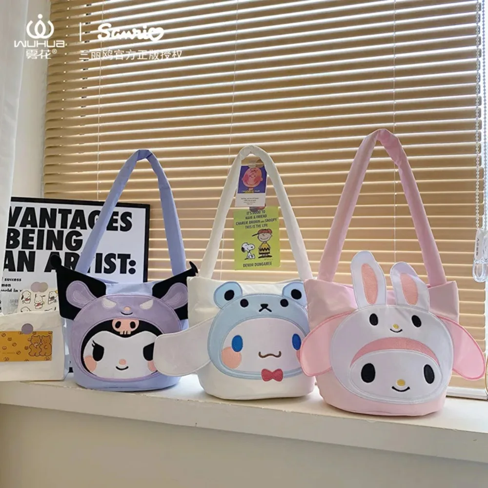 Sanrio-Bolso de hombro Kawaii Cinnamoroll My Melody Anime, bolsa de cubo de felpa con dibujos animados, bolsa de maquillaje para llevar, regalos para niños