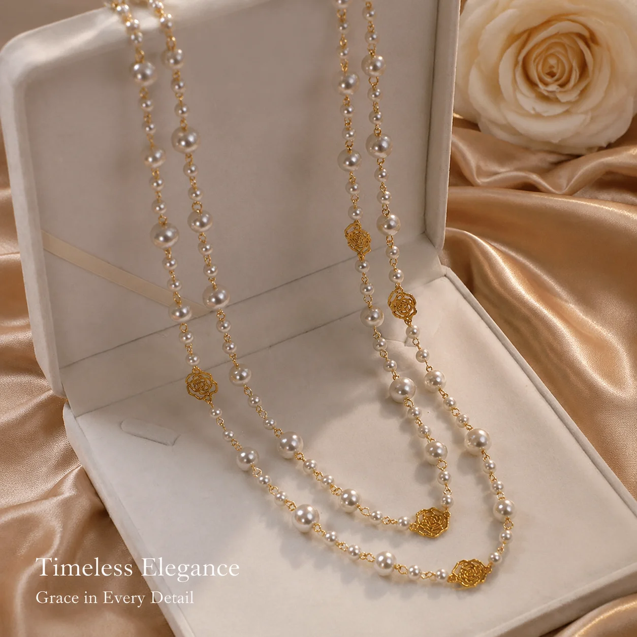 

Vintage Lady Camellia Pearl Flower Long Elegant Double Layer Necklace for Women Party Fashion Jewelry