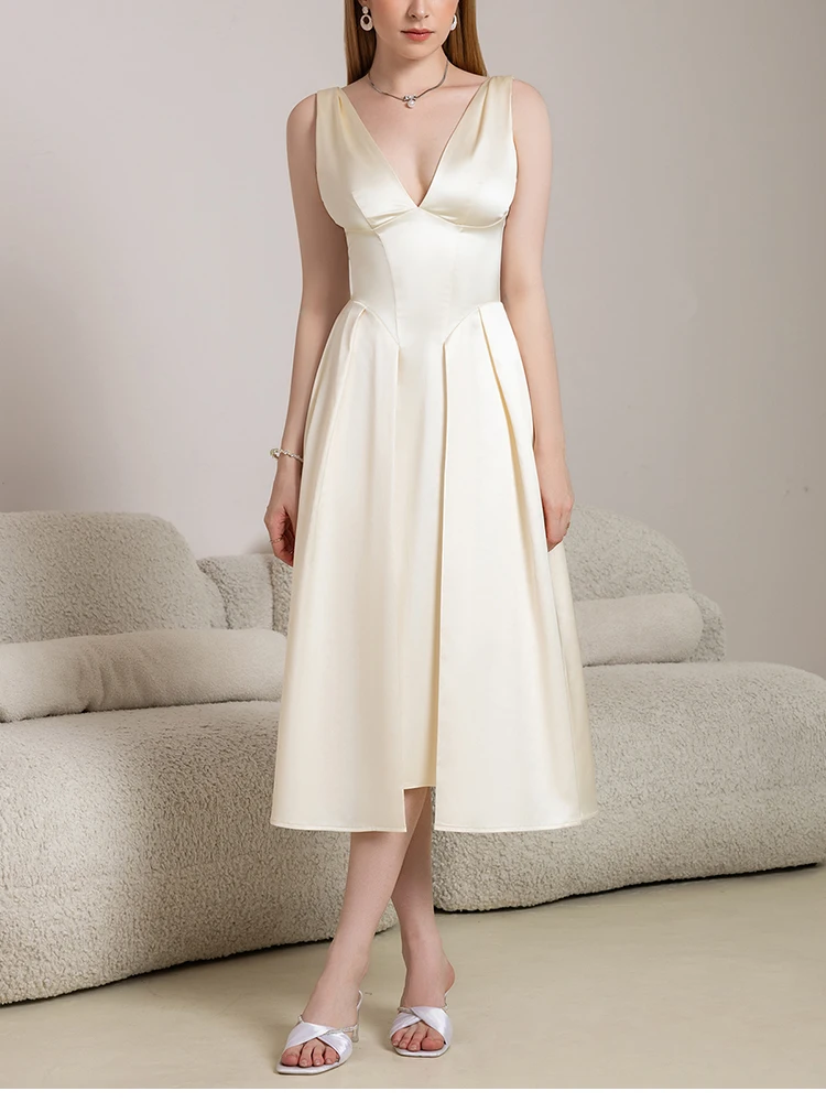 뉴아시아 여성용 섹시 백리스 V넥 샤이니 새틴 미디 드레스 이중 레이어 브라컵 내장 우아한 플리츠 A라인 이브닝 가운