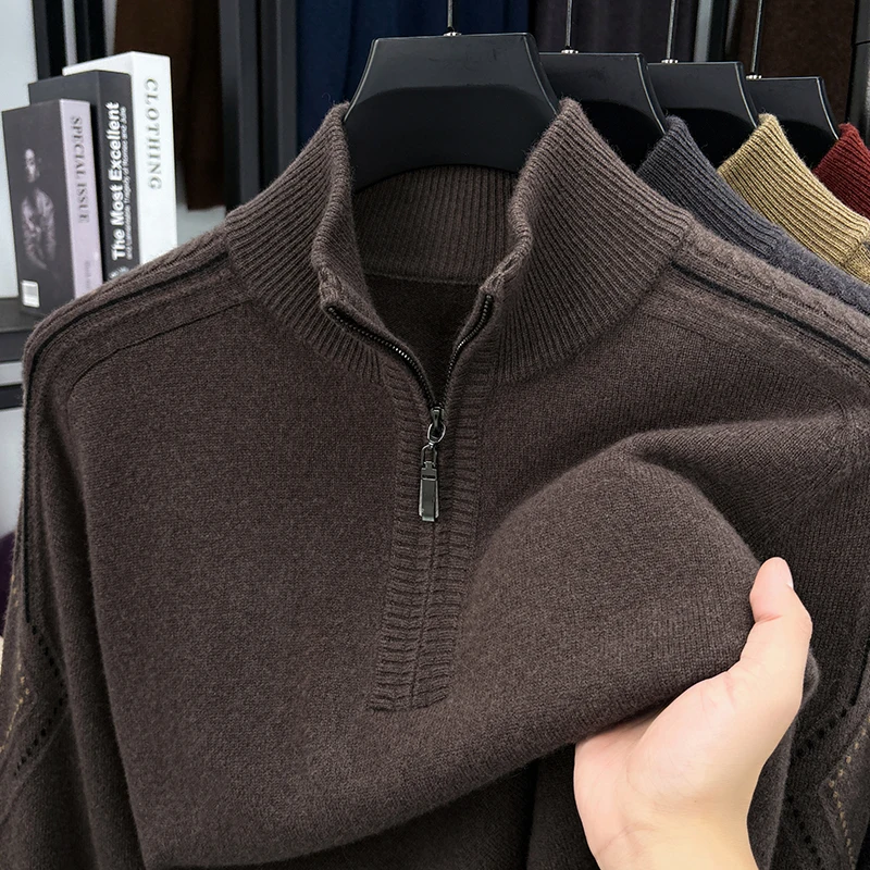 เสื้อผ้าถักไหมแคชเมียร์แพะสำหรับผู้ชาย แฟชั่นฤดูใบไม้ร่วงฤดูหนาว 2025 เสื้อสเวตเตอร์ซิปผู้ชาย เสื้อถักขนแกะ แขนยาว อุ่น