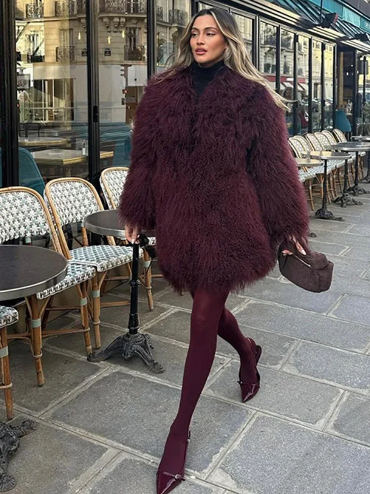 Winter Burgundy Fluffy Fur Coat for Women Long Sleeve V-Neck Warm Plush Short Jacket Street Female Fashion Commute Outerwear