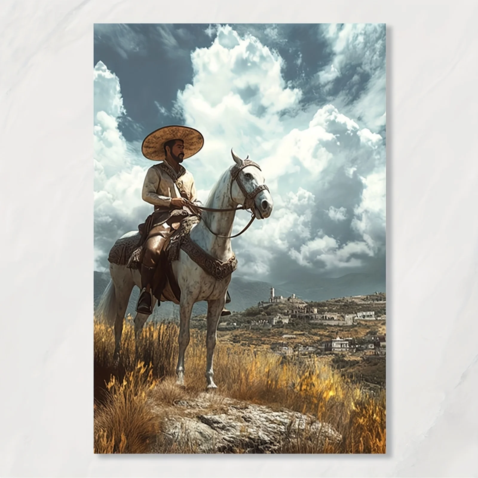 [2D Flat] Arte de pared en lienzo con paisaje de caballo Charro sin marco, escena del desierto vibrante de 12x18 pulgadas con conducción tradicional mexicana, 1 ud.