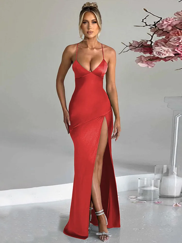 

Mozision Elegant Spaghetti Strap Backless Sexy Maxi Dress For Women Fashion Sleeveless Thigh High Split Club Party Long Dress