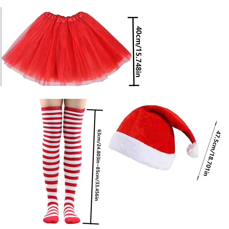 PESENAR Christmas Costume Set Red Santa Hat Tutu Skirt Striped Tights Glitter Frame Christmas Glasses for Women Xmas Party