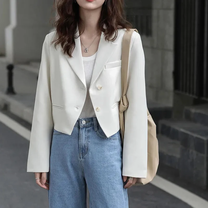 2024 Chic White Cropped Blazers Women Elegant Button Up Long Sleeve Suit Jackets Woman Fashion Notched Collar Office Coat Female