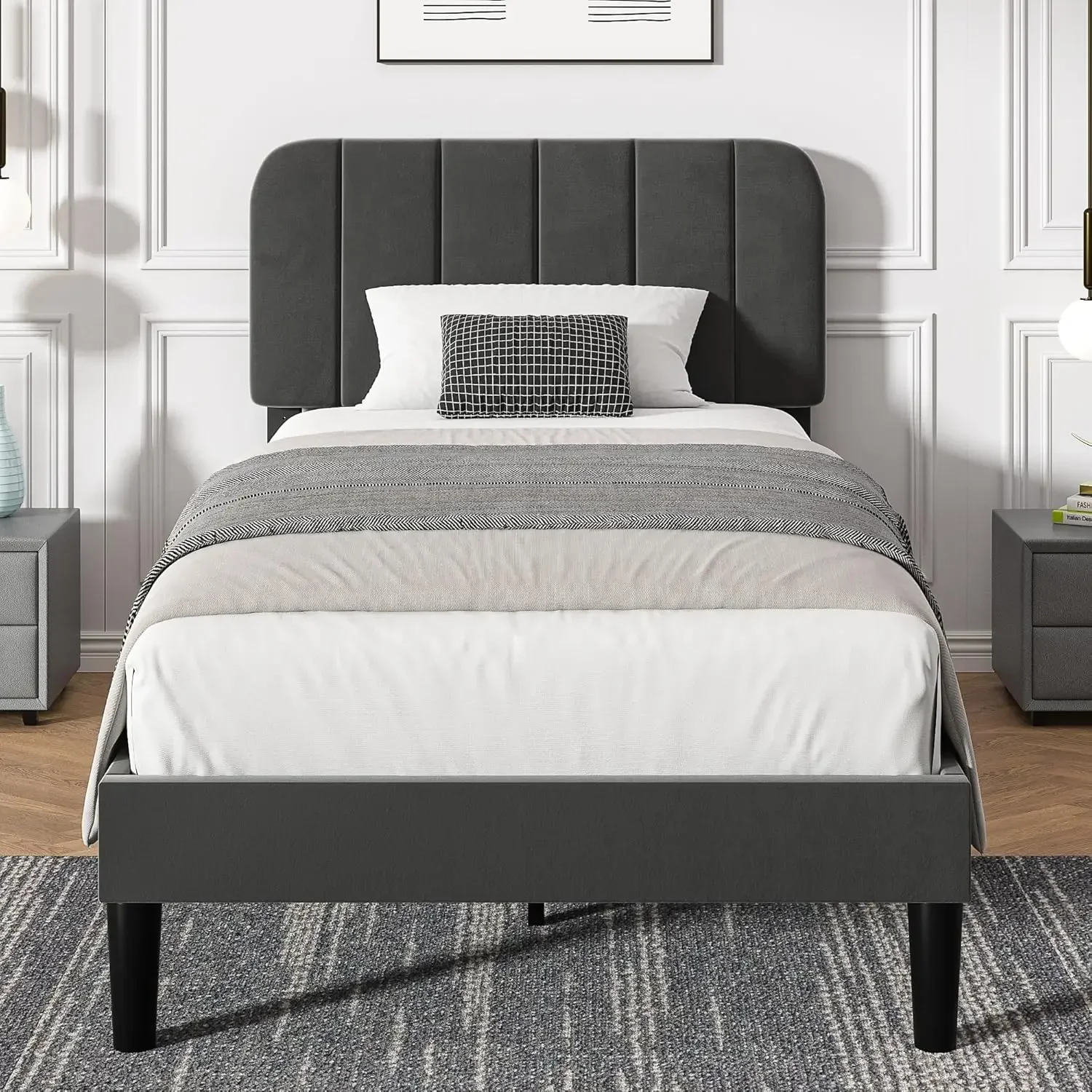 Twin Size Upholstered Bed Frame with Adjustable Headboard, Velvet Platform Bedframe Mattress Foundation, Strong Wood Slat Suppor