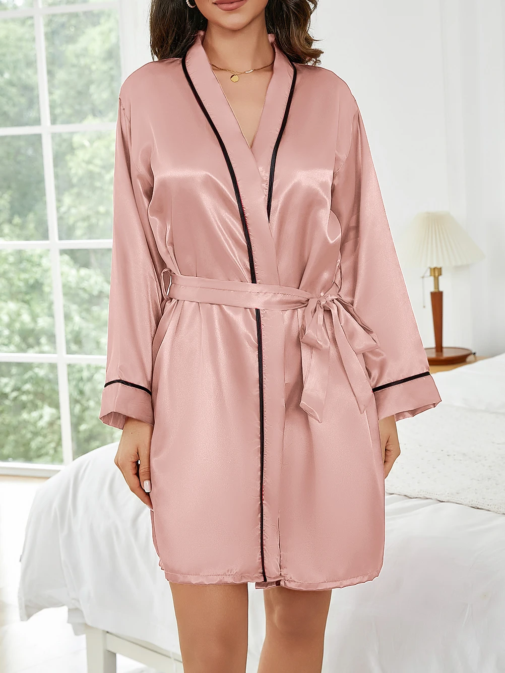 Reine Farbe Kurze Robe Frauen Sommer Dünne Hause Nachtwäsche Casual Bademantel Mode Vielseitig – Detail 25