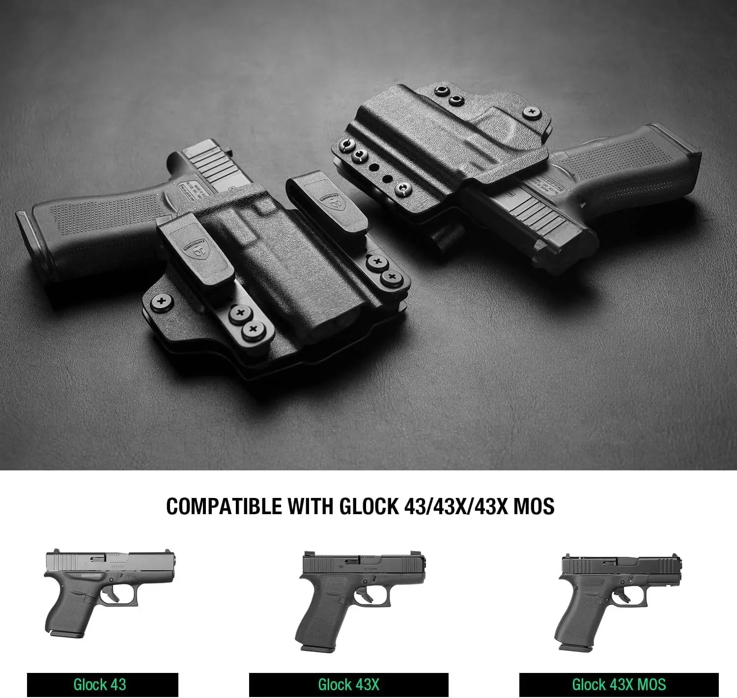 IWB&OWB Convertible Holster KYDEX Optics Cut:Glock 43 ,43X,43XMOS,4.4cm Belt Clip, Right Hand