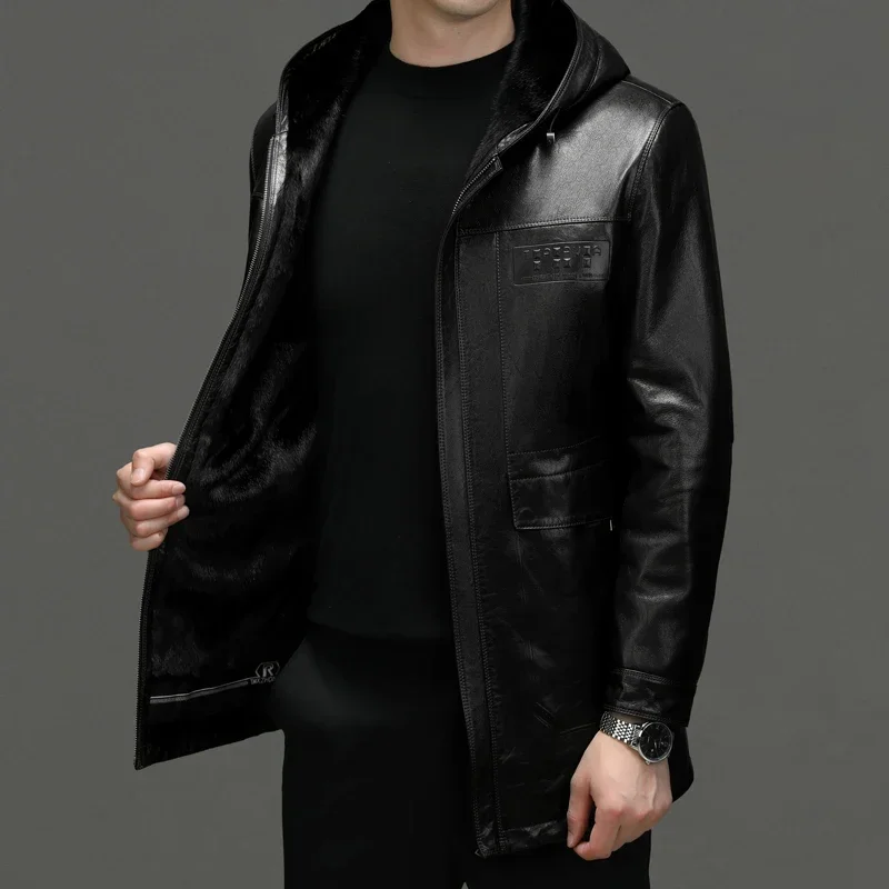 Autumn Winter New Boutique Men Slim Trend Italian Style Fashion Solid Color Casual Leather Jacket Hooded Jacket Sheepskin Coat