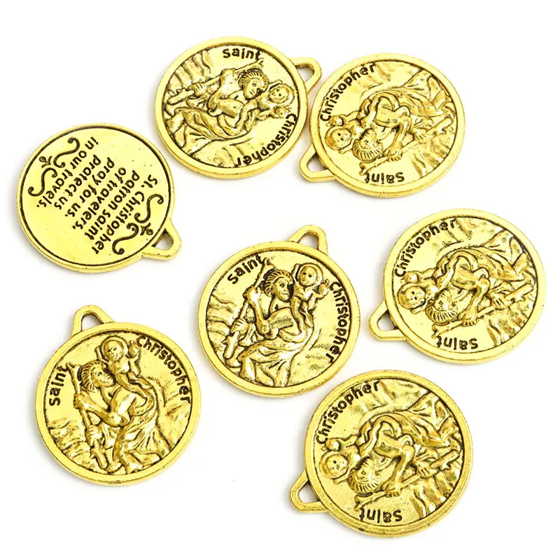 5pcs St. Christopher Metal Charms Catholic Patron Saint Antique Silver Gold Color Prayer Pendant Fit DIY Making Jewelry Necklace