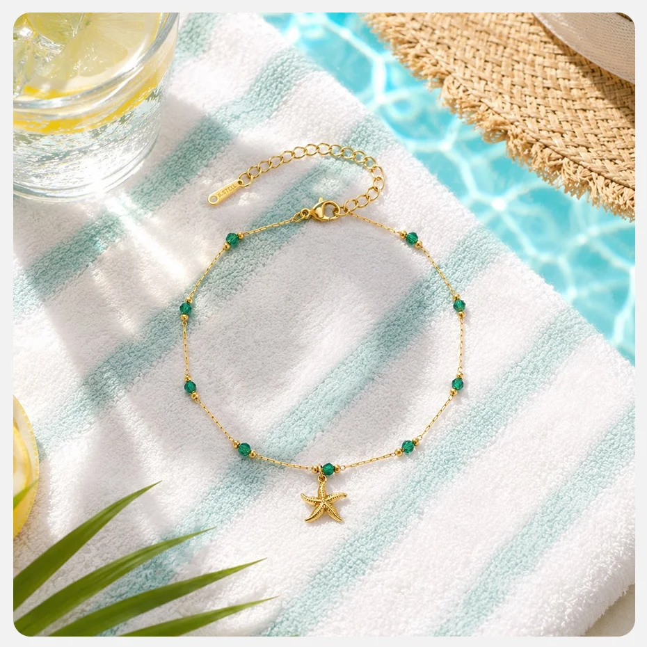 Vnox Bohemia Grüner Kristall Muschel Tropischer Fisch Anhänger Quasten-Fußkettchen für Damen, vergoldet, wasserdicht, Sommerurlaub Fußschmuck – Detail 12
