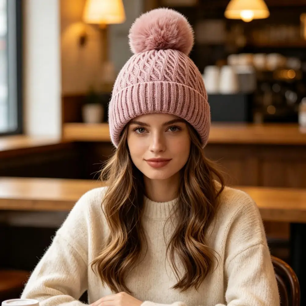 Outdoor Windproof Knit Cap Cable Knitted Hat with Pompom Winter Cable Knit Hat with Fleece Lining Pom Pom Women’s Cozy