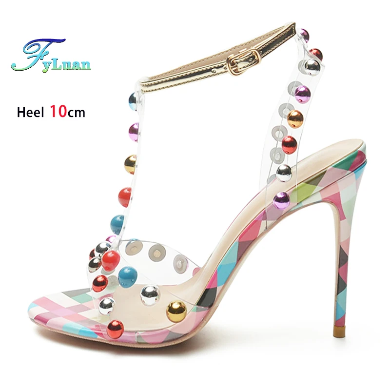 

2025 Summer Women Hollow T-Strap Buckle High Heels 10CM Stiletto Transparent PVC Band Rivets Studded Sandals Ladies Party Shoes