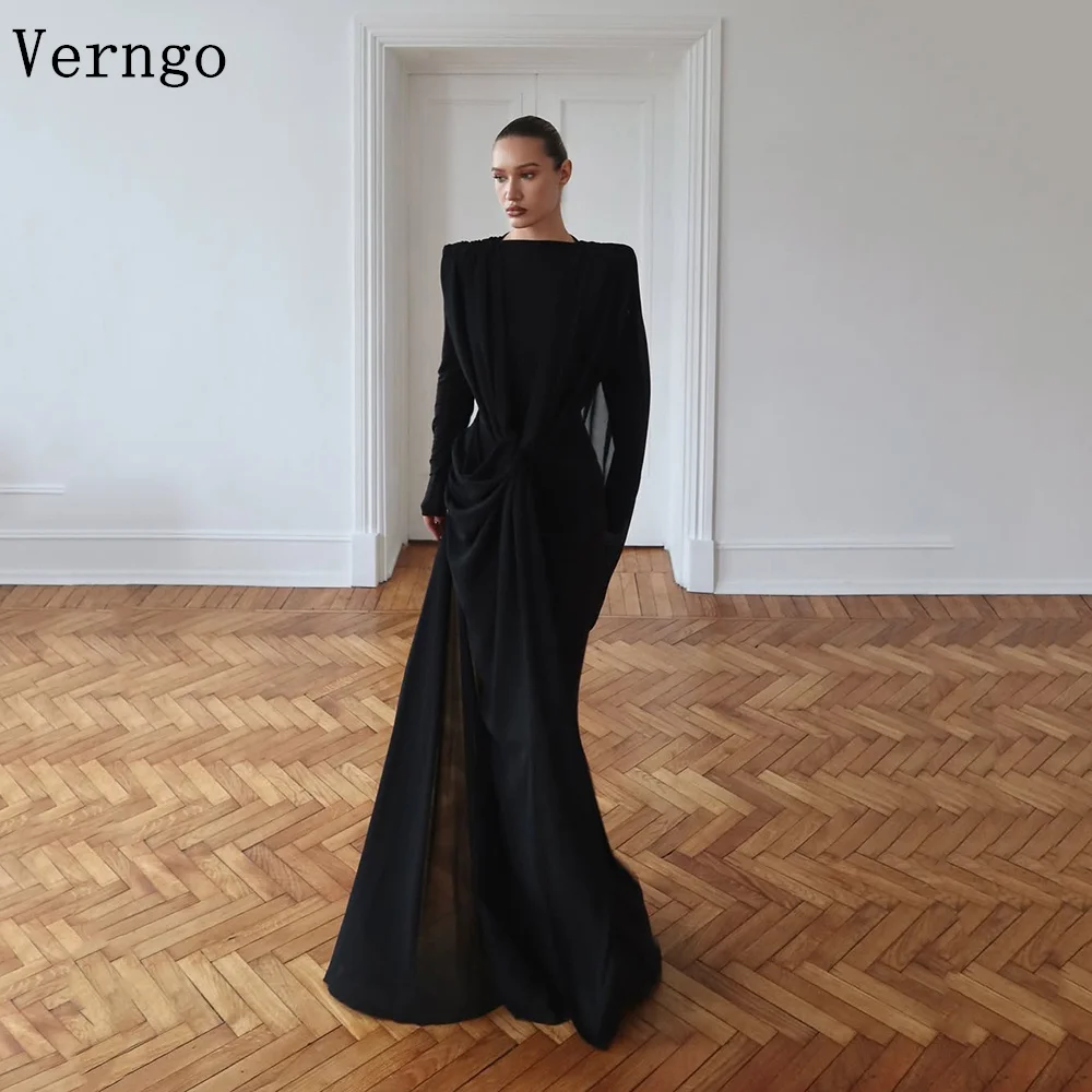 

Verngo Simple Black Crepe Evening Dress High O Neck Full Sleeves Mermaid Prom Gowns Elehgant Formal Occasion Dress Customized