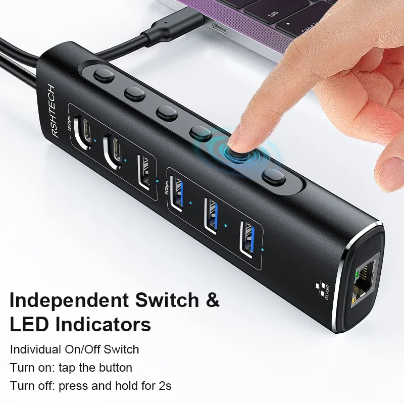 RSHTECH USB Ethernet Hub 7-IN-1 10Gbps Tipo C Splitter RJ45 Gigabit Lan Adattatore di rete Espansore multiporta per laptop MacBook PC