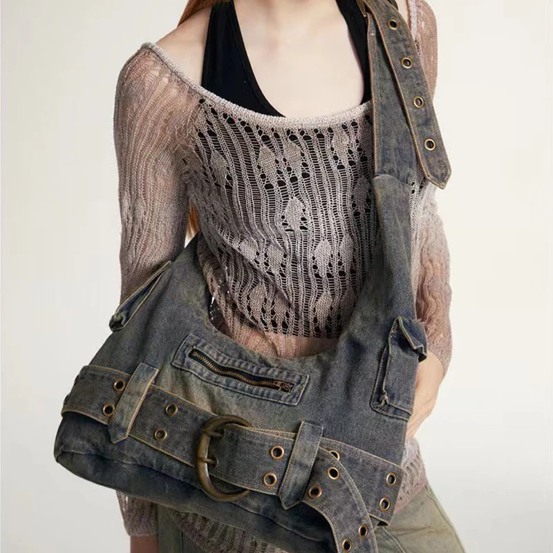 Y2k Trendy Women Shoulder Bag Girls Retro Gothic Casual Underarm Bags Girl Denim Handbag