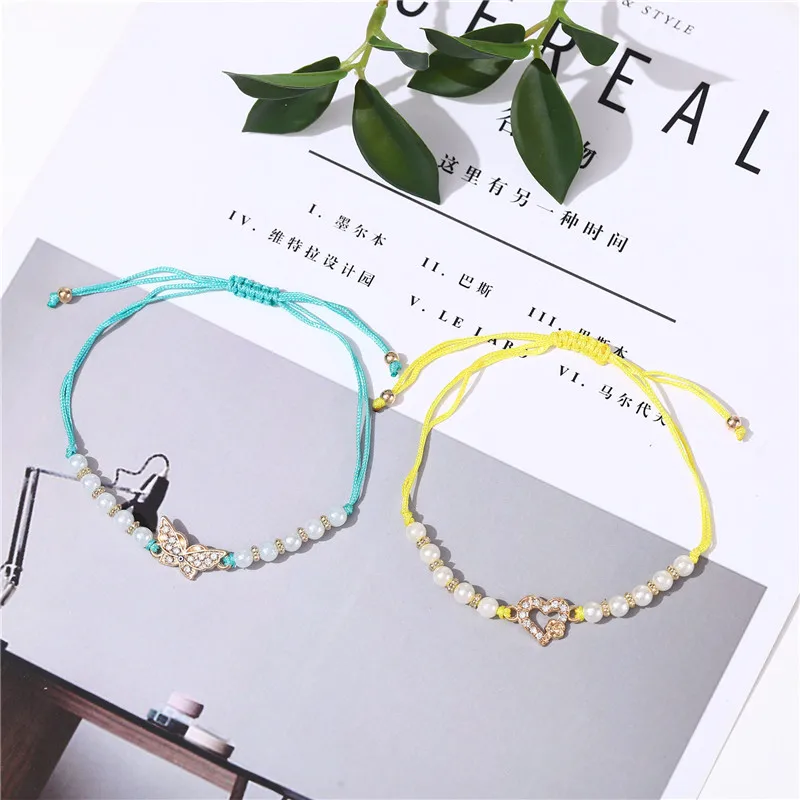 12Pcs/set Butterfly Heart Studded Pearl Beaded Woven Bracelet Set Alloy Charm Adjustable Bracelet for Women Girl Fashion Jewelry