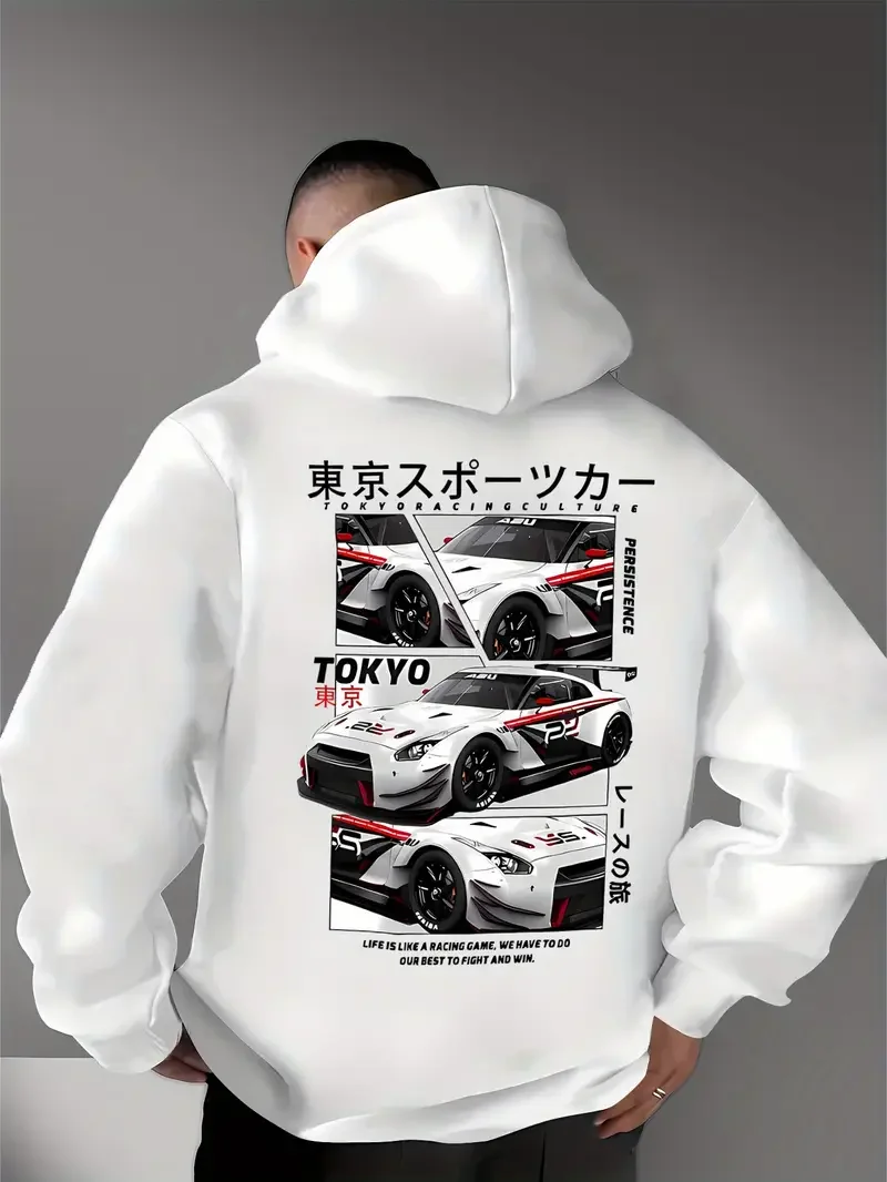 Behind the elements of the Japanese Tokyo Motor City there is a big picture printed men's casual street style hoodie sweatshir