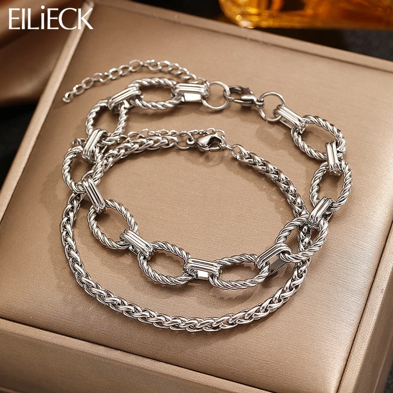 EILIECK 316L Edelstahl-Kettenarmband, silberfarben, Armband mit Gliederkette, klobiges, mehrlagiges Armreif-Schmuckstück für Damen und Herren
