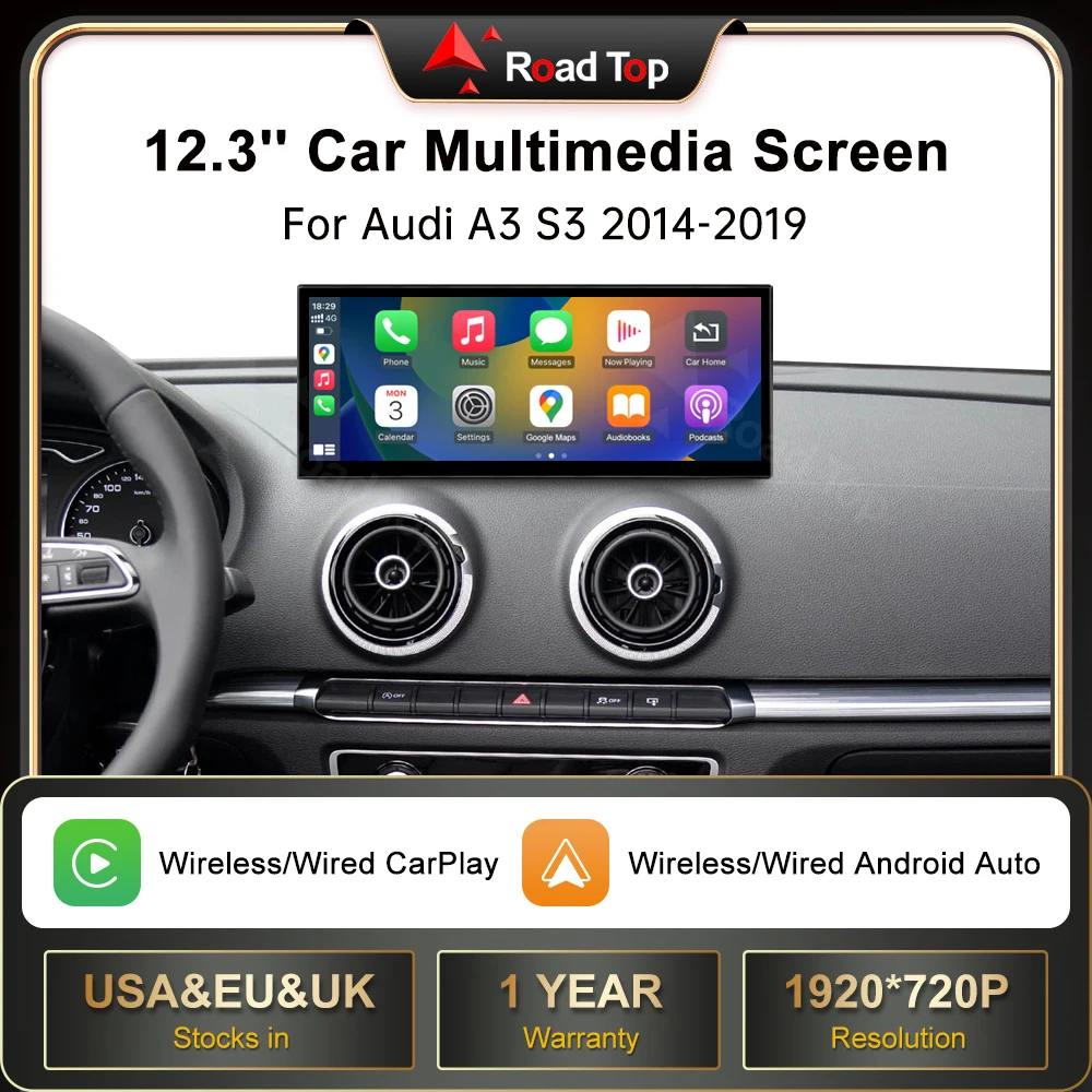 RoadTop 12,3 pulgadas CarPlay inalámbrico para Audi A3 S3 B9 MIB2 2014-2018 pantalla Multimedia Android Auto Airplay función de enlace automático