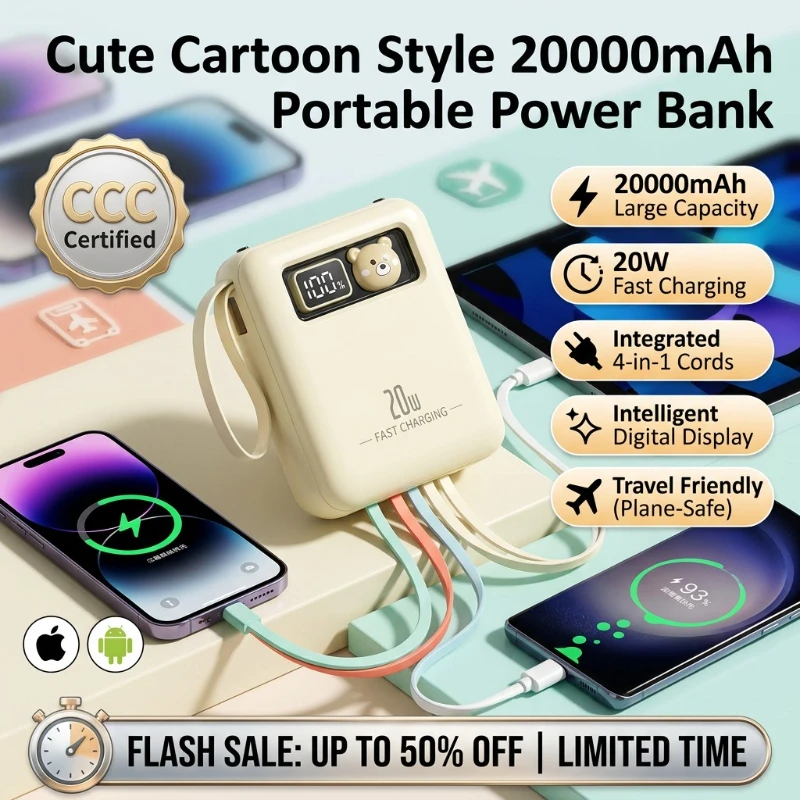 

20000mAh Big Capacity Cartoon Portable Charger CCC Standard Rechargeable Battery With Built Wire for All Brand Smartphones