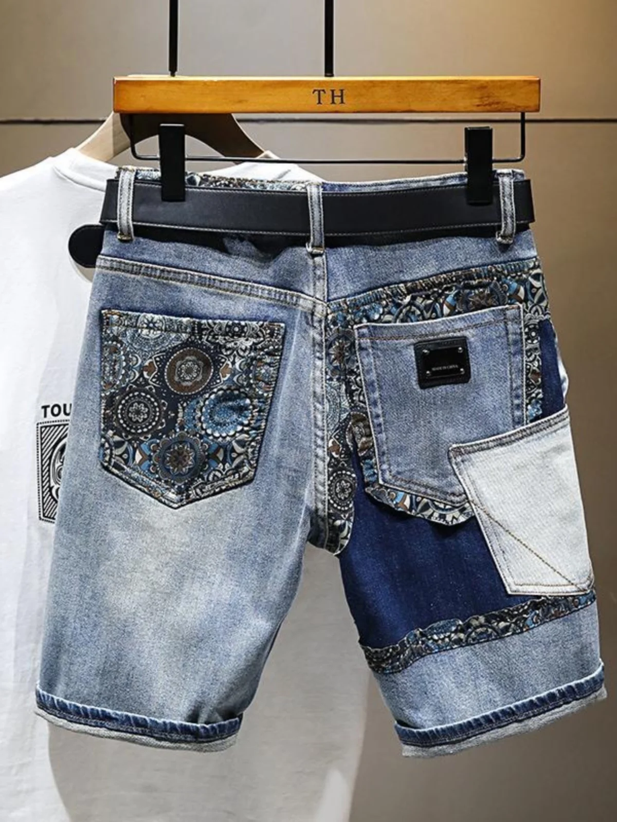 

Европейский модный бренд, элитные рваные летние джинсовые брюки, мужские винтажные лоскутные свободные прямые повседневные брюки средней длины с пятью точками