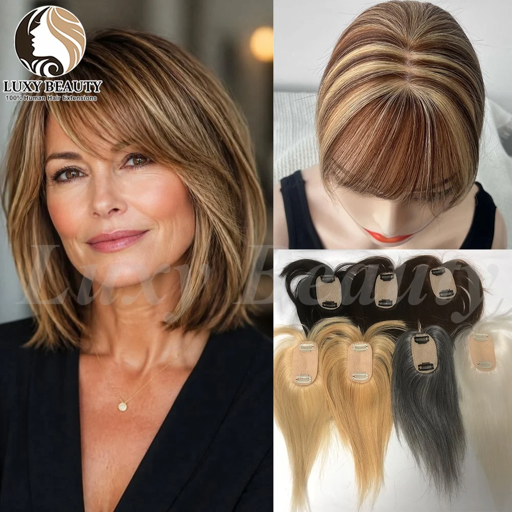 Highlights Brown Human Hair Topper With Bangs Women 5x9cm Natural Black Blonde Skin Scalp Clip in Topper Hair Pieces Human Hair