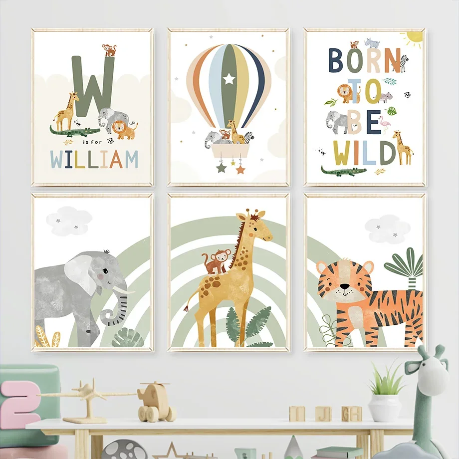 Unframe Giraffe Tiger Elephant Rainbow Hot Air Balloon Wall Art Canvas Painting Animals Posters And Prints Pictures Baby Kids Ro