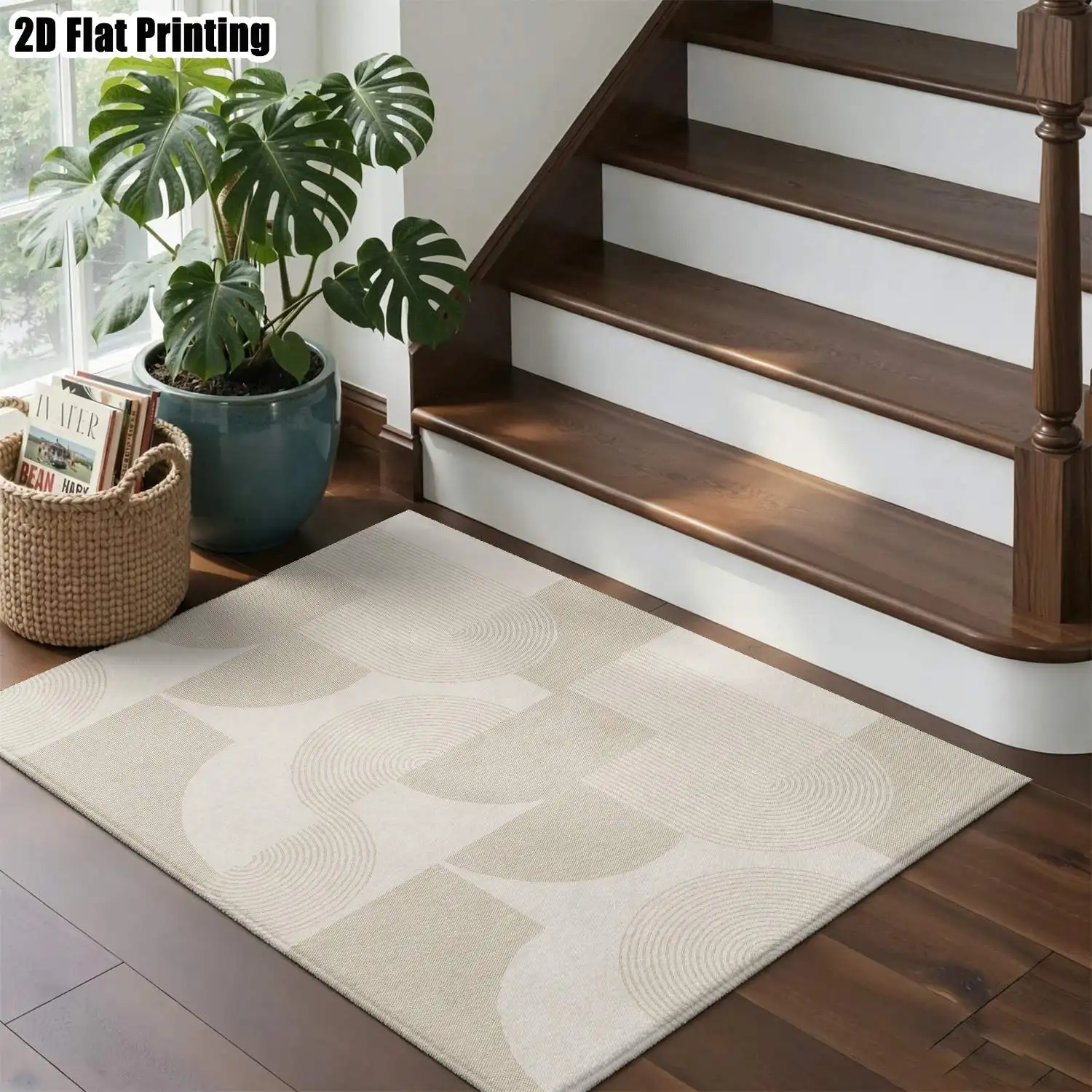 1Pc 2D Printed Beige Geometric Line Nordic/Instagram Style Carpet, Modern Minimalist European Floor Mat, Machine Washable, Multi-Size, for Entrance, Dining, Foyer, Bedroom, Living Room Home Decor