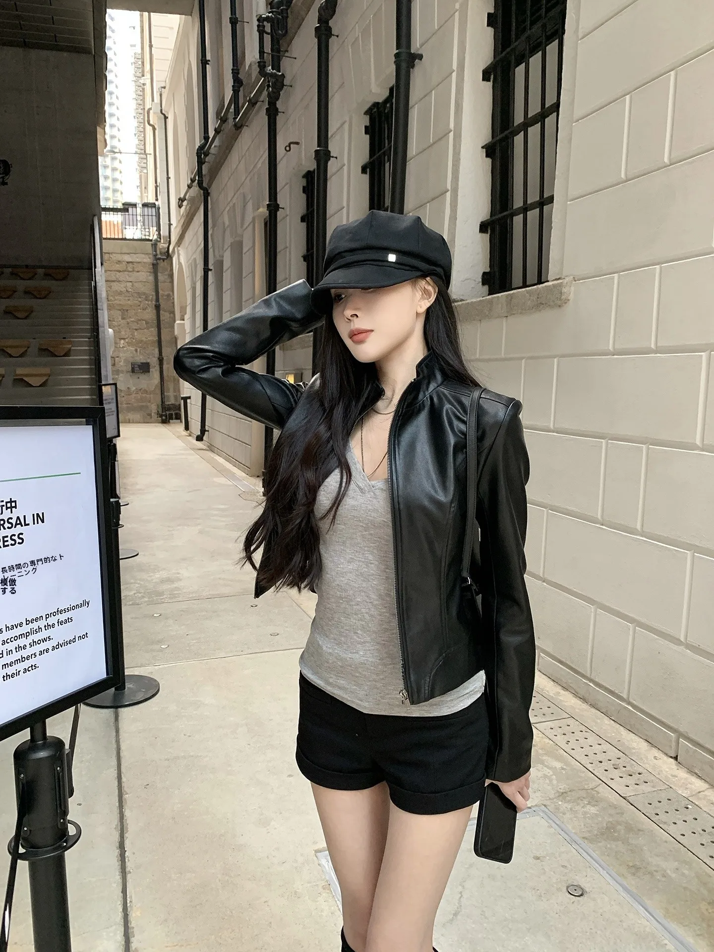 

Chenxi He mat Design Biker Sle ort Bla Stand Collar PU Leather Jaet Cool And Sli Women's Faion Coat