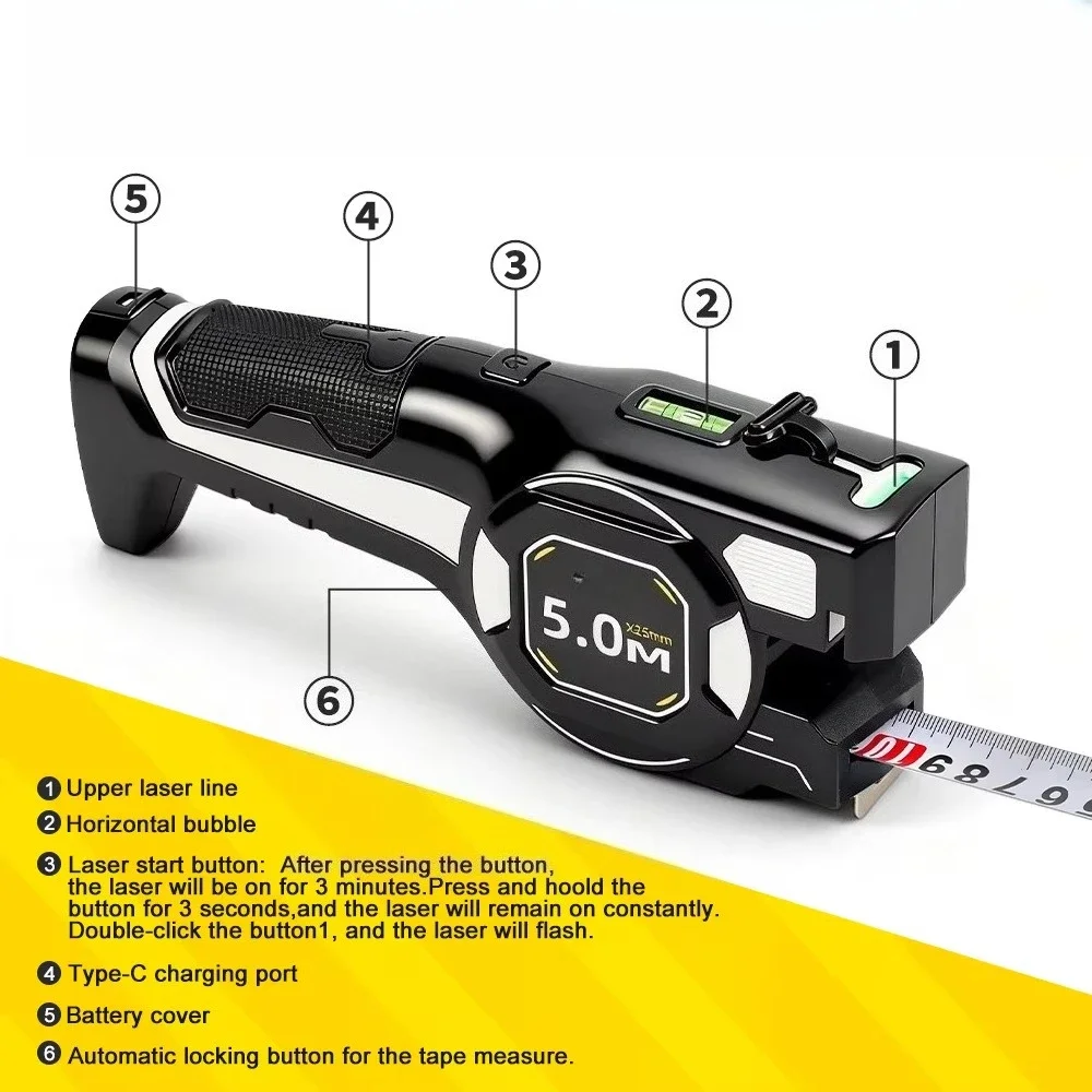 2-in-1 Laser Tape Measure 5M Steel Tape Green Laser Rangefinder Cross Line Type-C Rechargeable Measuring Tool Auto Lock