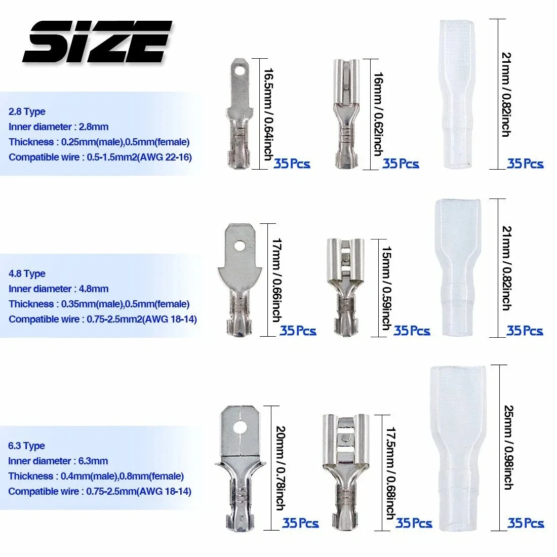 

315Pcs 2.8/4.8/6.3mm Tinned Copper Car Electrical Wire Terminal Block Crimp Connectors Male Female Spade Kit