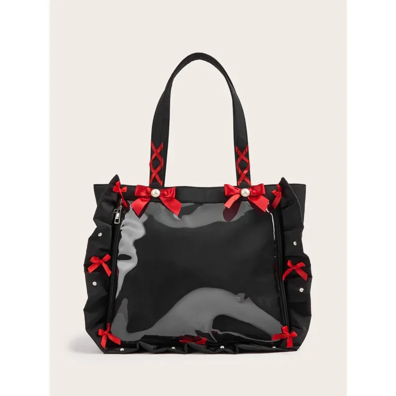 Landmine Bow Tie Itabag Japan Ruffle Edge Ribbon Hand-held Shoulder Tote Bag Badge Bar High Capacity Zip Bag Women's Handbag New
