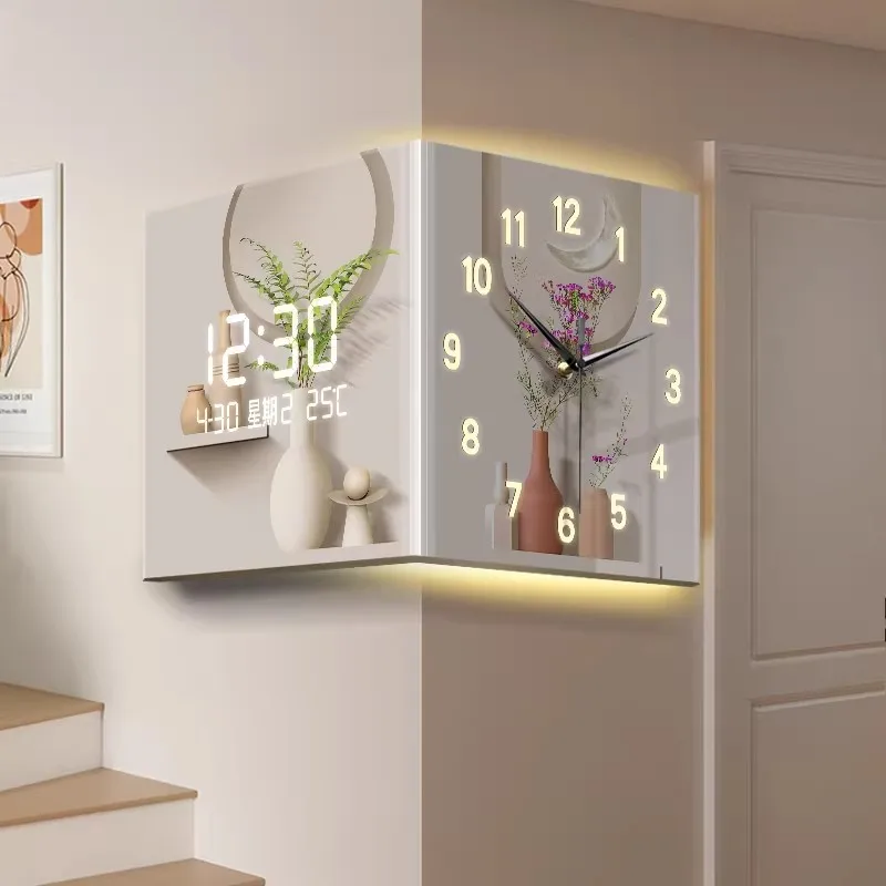 Simplified electronic clock, living room corner double-sided hanging clock, digital display screen, abstract wall clock painting