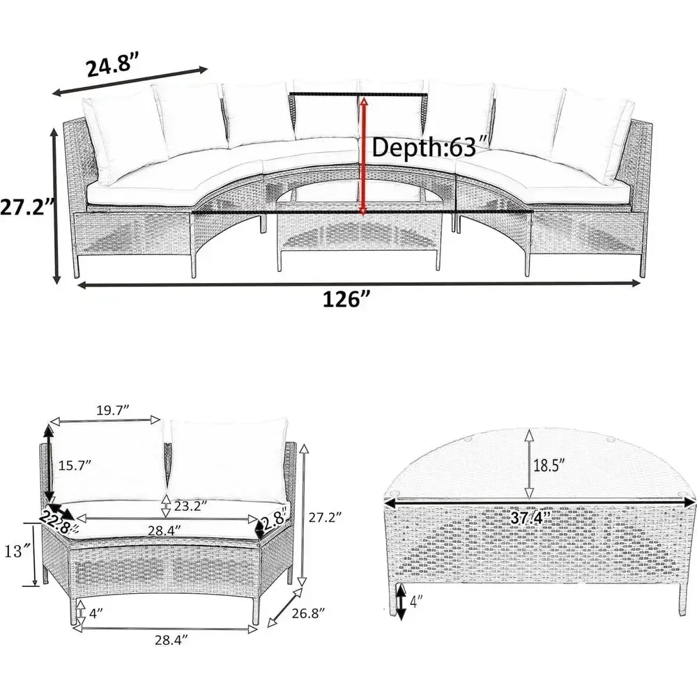 All-Weather Half-Moon Brown PE Rattan Outdoor Patio Sectional Furniture Set with Gray Cushions and Tempered Glass Table