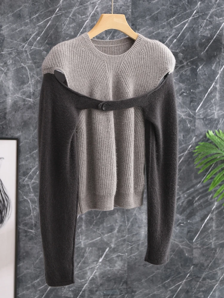  Short Knitted Sweater Hollow out Design Color Block Neckline Wool Blend Commute Style Long Sleeve Straight Fit Knitwear